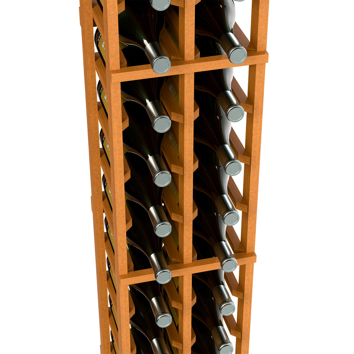 Brown two-column wine magnum rack close-up with bottle spaces and dividers