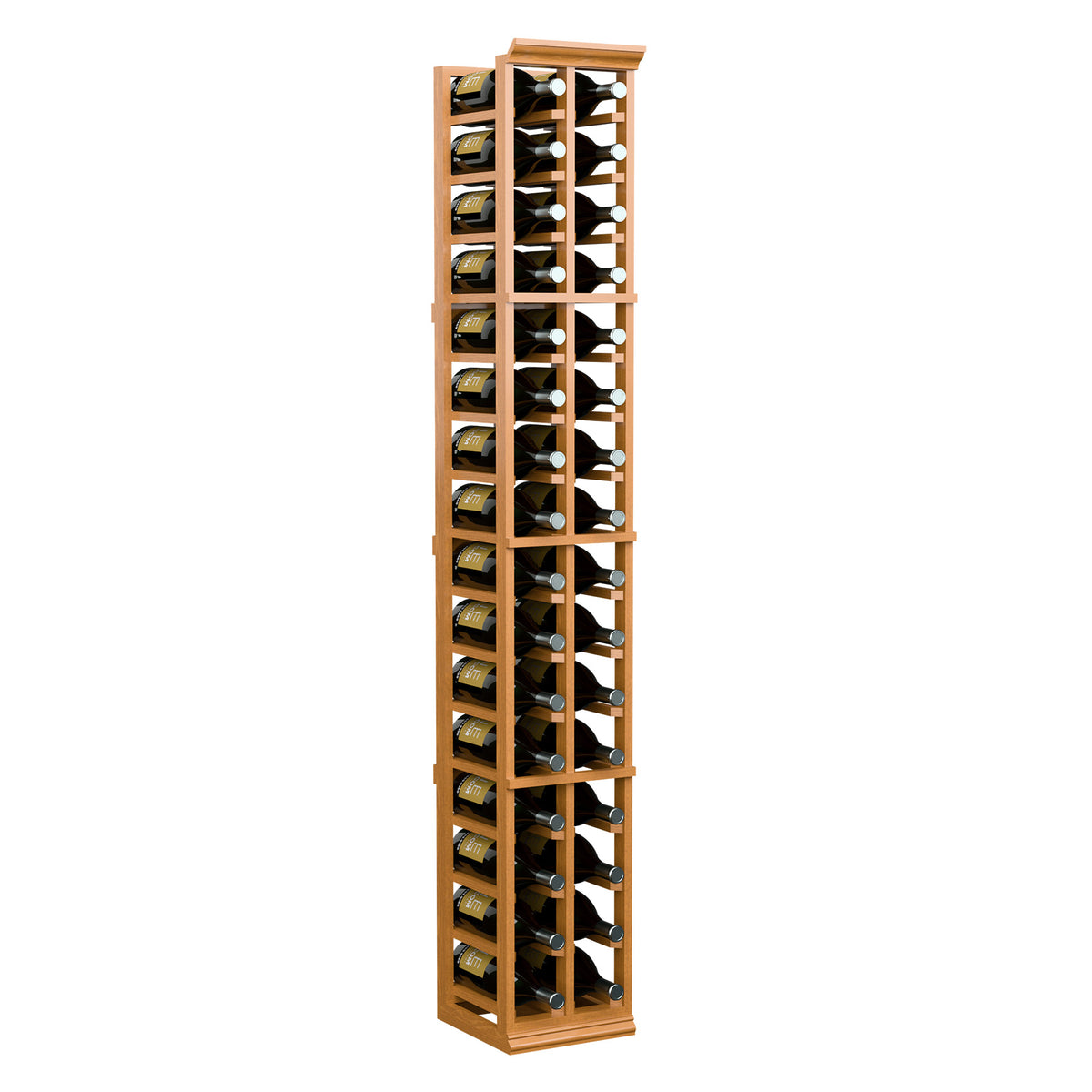 Brown two-column wine magnum rack standing upright with stacked bottle slots