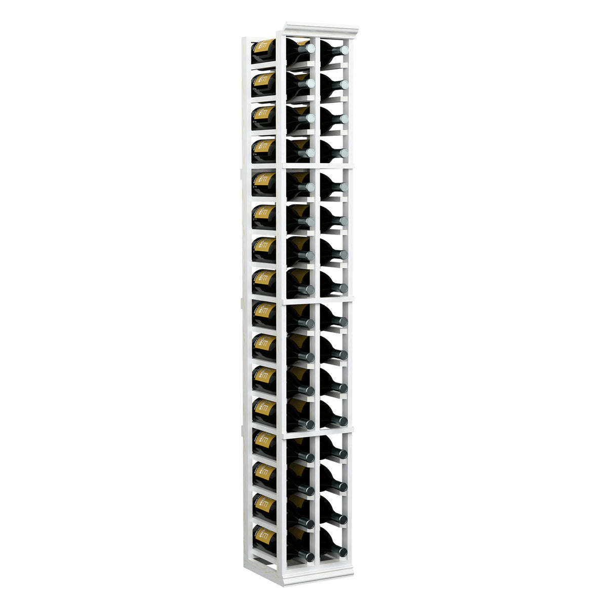 White vertical two-column wine magnum rack with stacked open bottle compartments