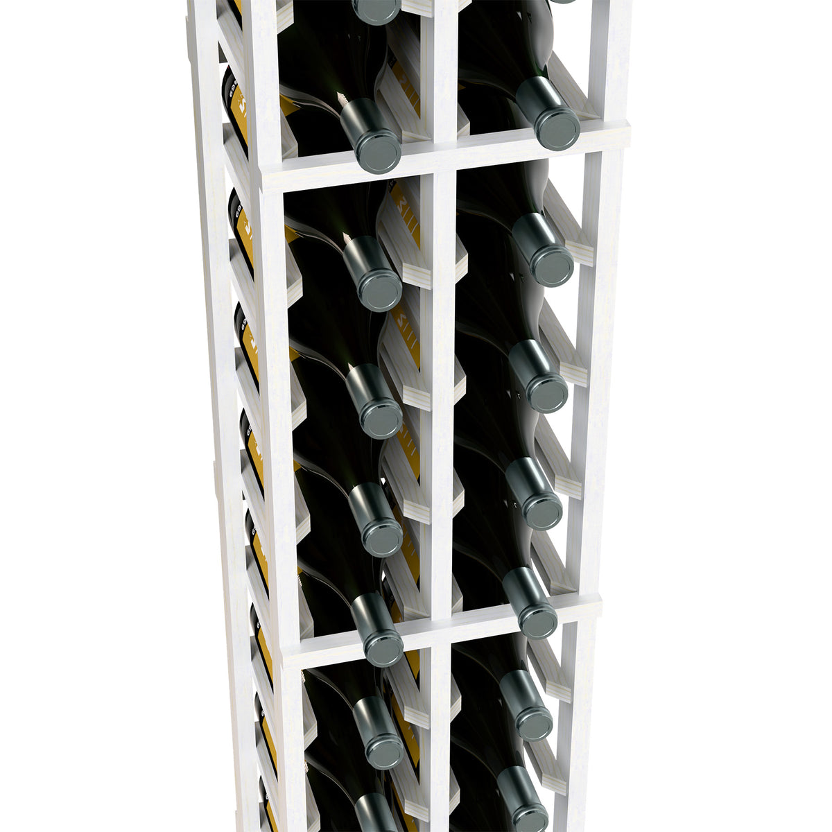 White two-column wine magnum rack detail with bottle spaces and metal neck rings