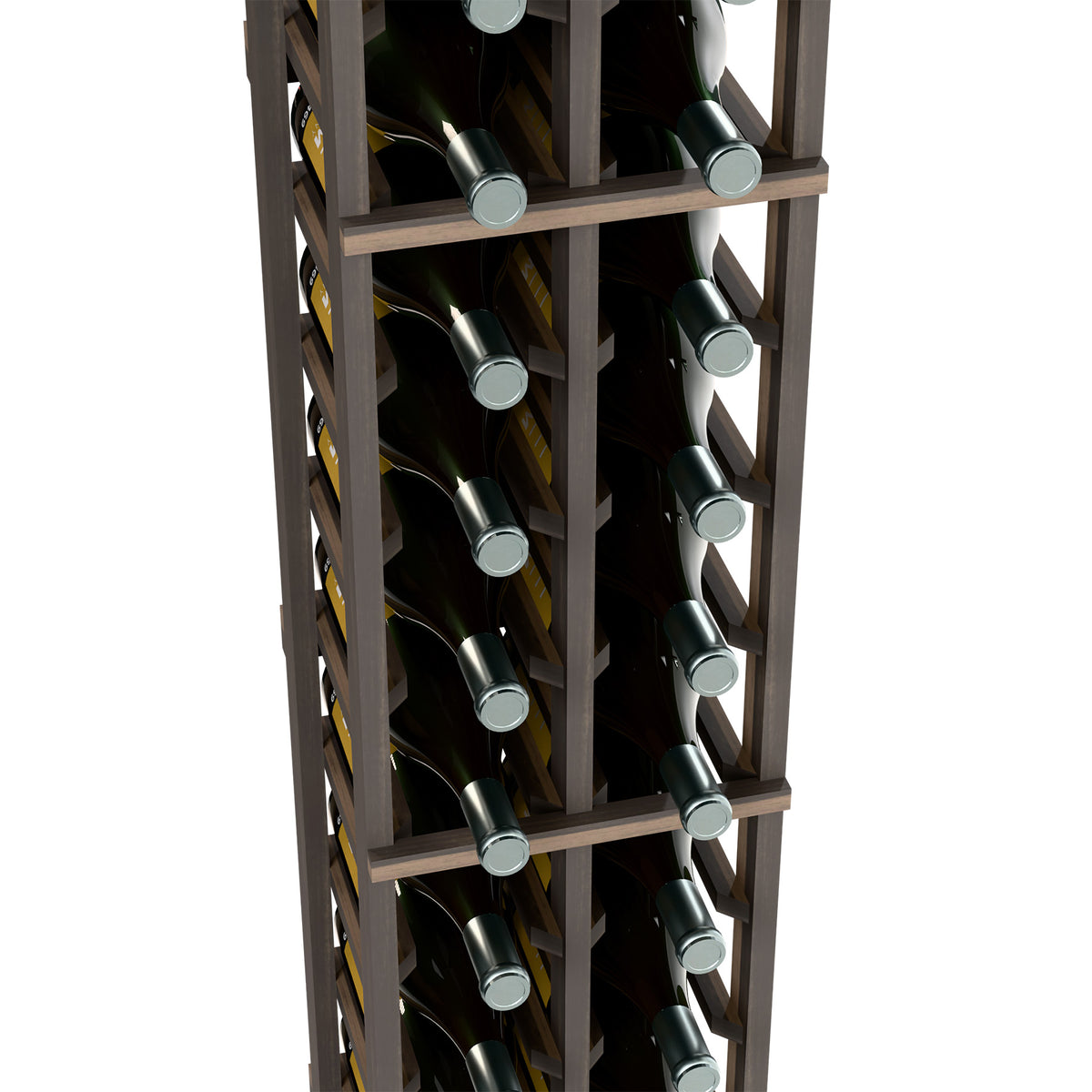Two-column wine bottle rack close-up with dark wood frame and bottle necks