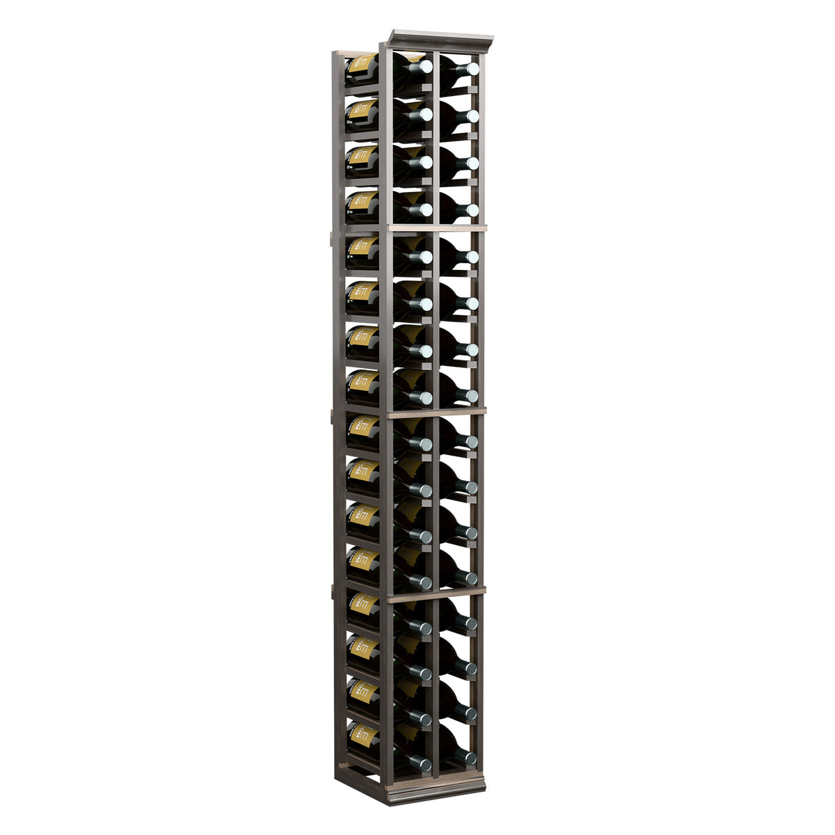 Two-column wine bottle rack with dark wood frame and bottles arranged in two columns