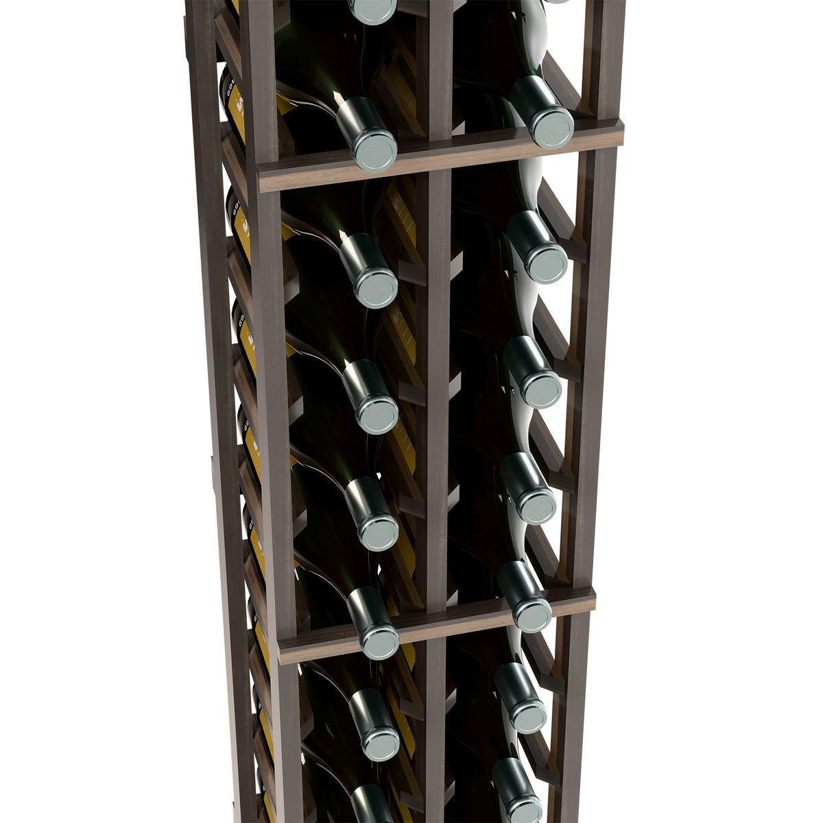 Two-column wine bottle rack close-up showing dark frame and bottle storage slots