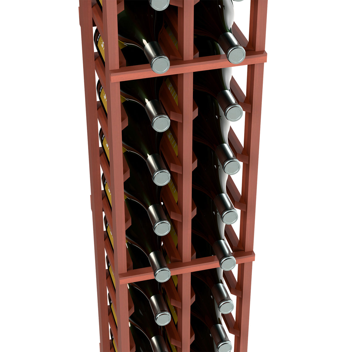 Two-column wine bottle rack close-up with reddish wood frame and bottle necks