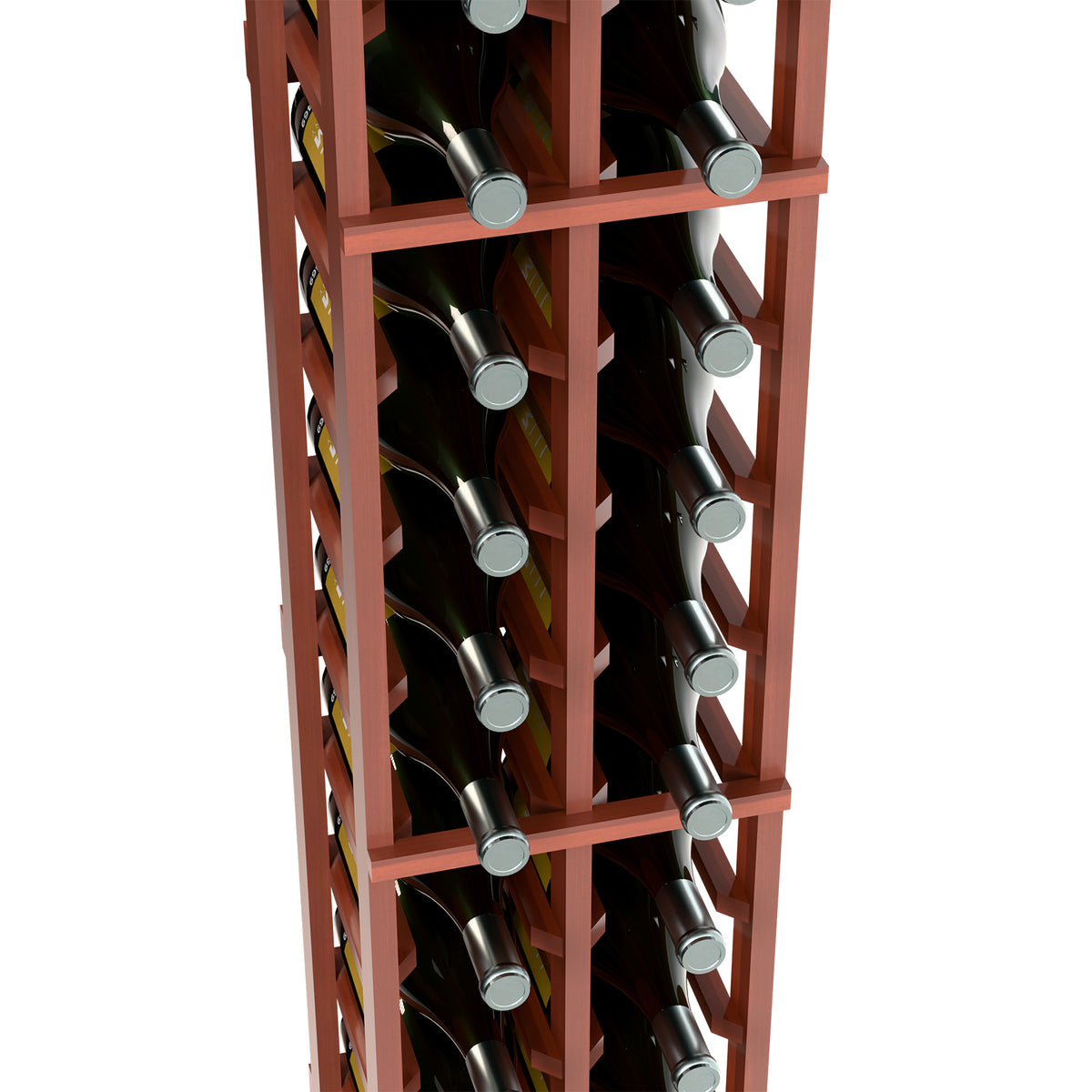 Two-column wine bottle rack close-up showing reddish frame and wine bottles