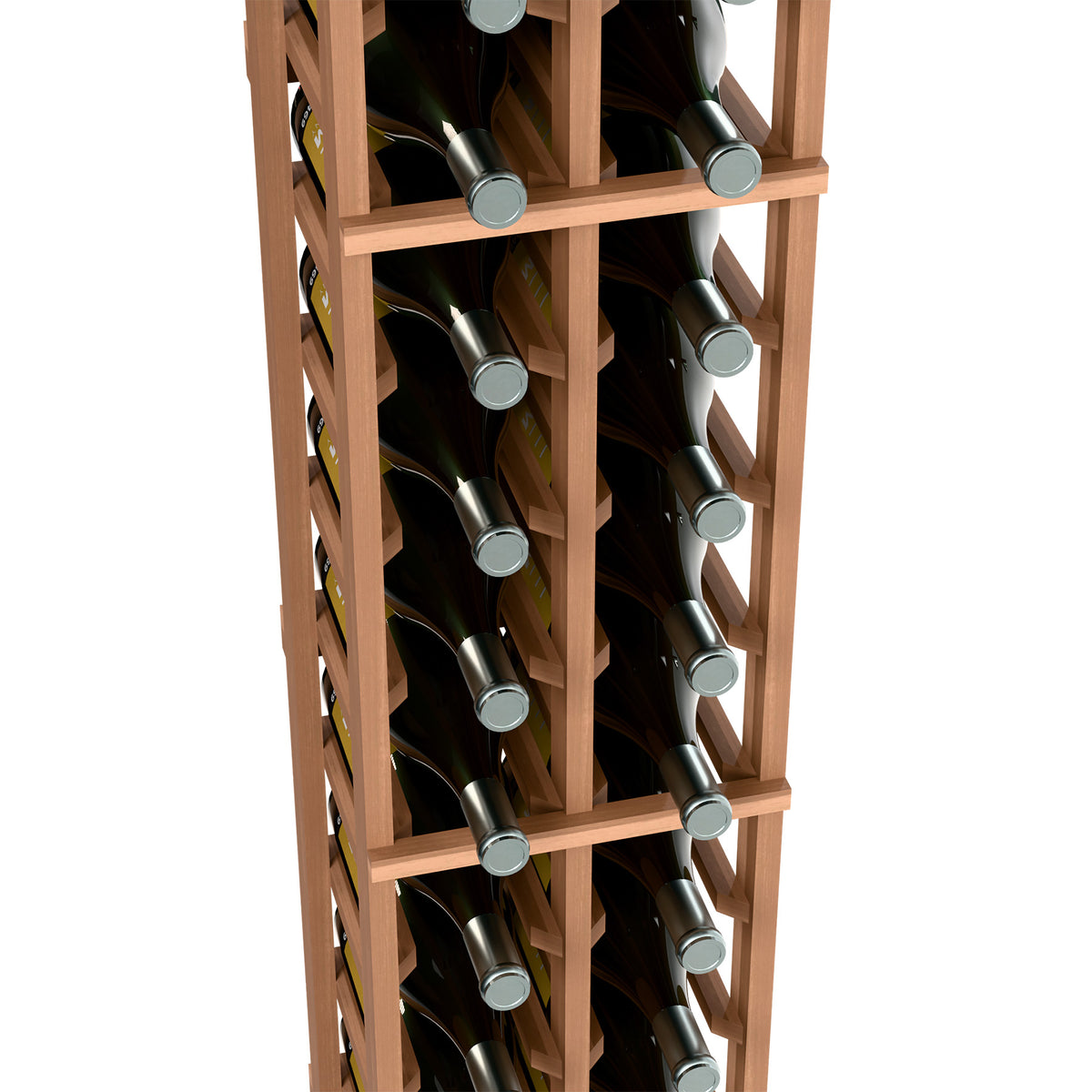 Two-column wine bottle rack close-up with light wood frame and bottle necks