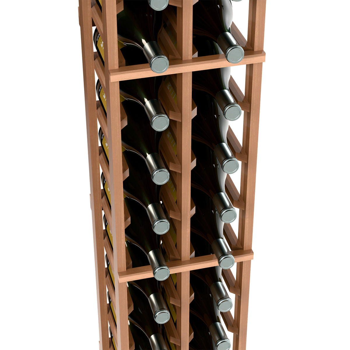 Light wood magnum wine bottle rack close-up of two bottle rows