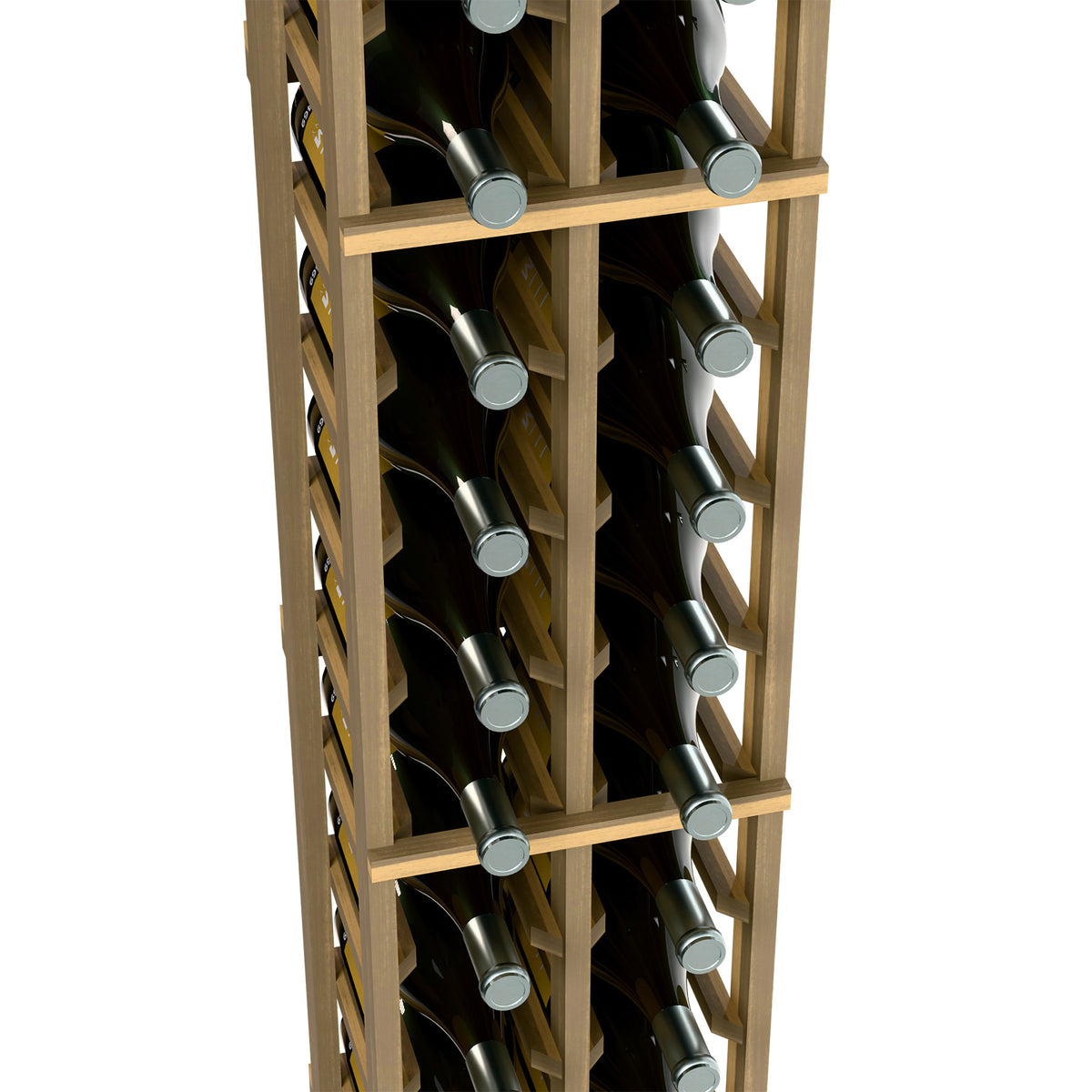 Light wood rack close-up showing two vertical bottle rows and dividers