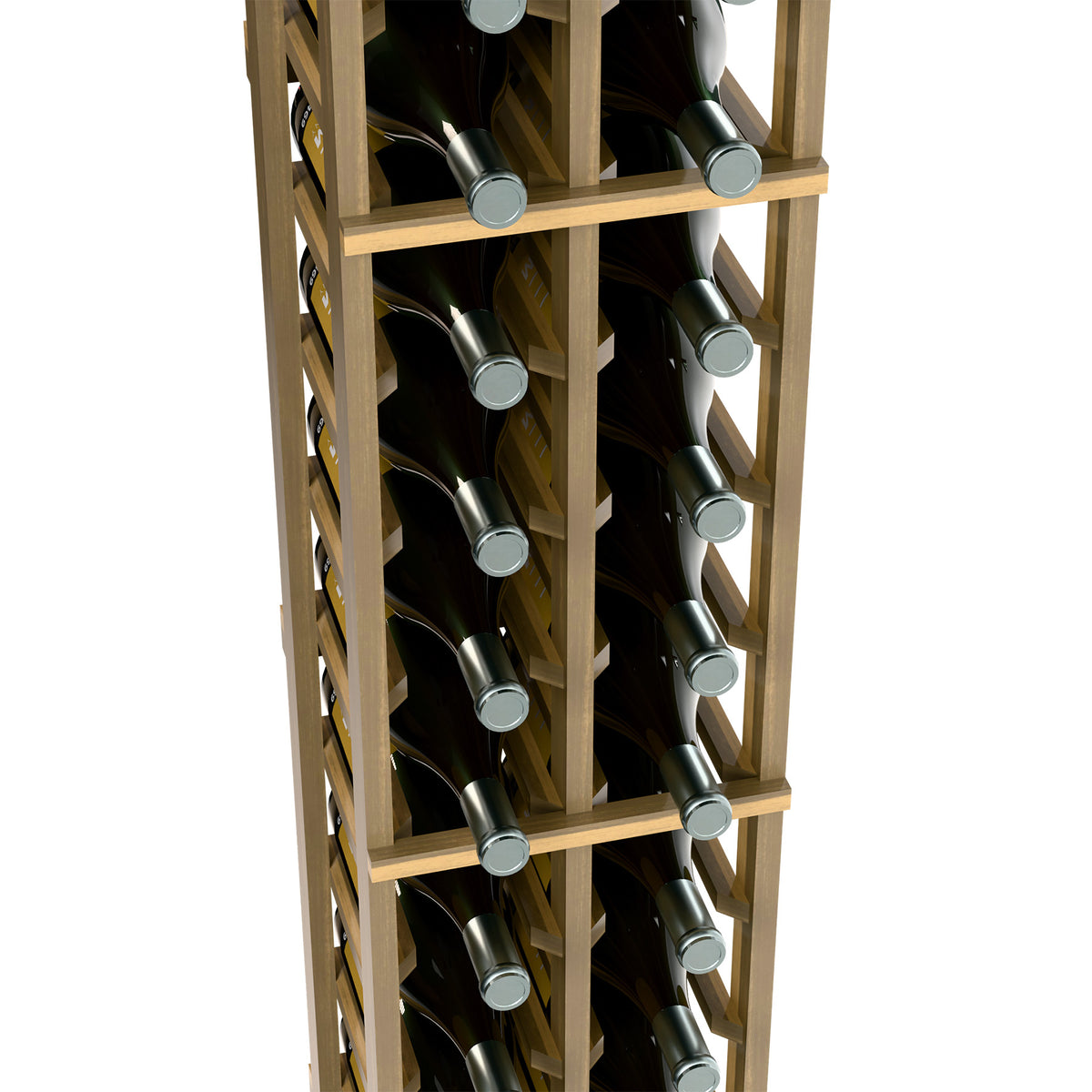 Light wood magnum wine rack close-up of bottle bases in two rows