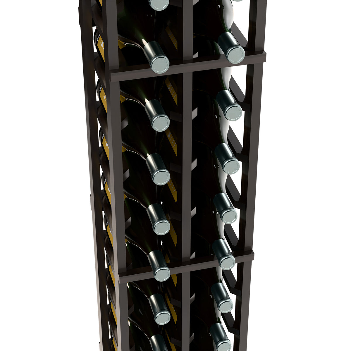 Dark wood magnum wine rack close-up showing bottle openings in two rows