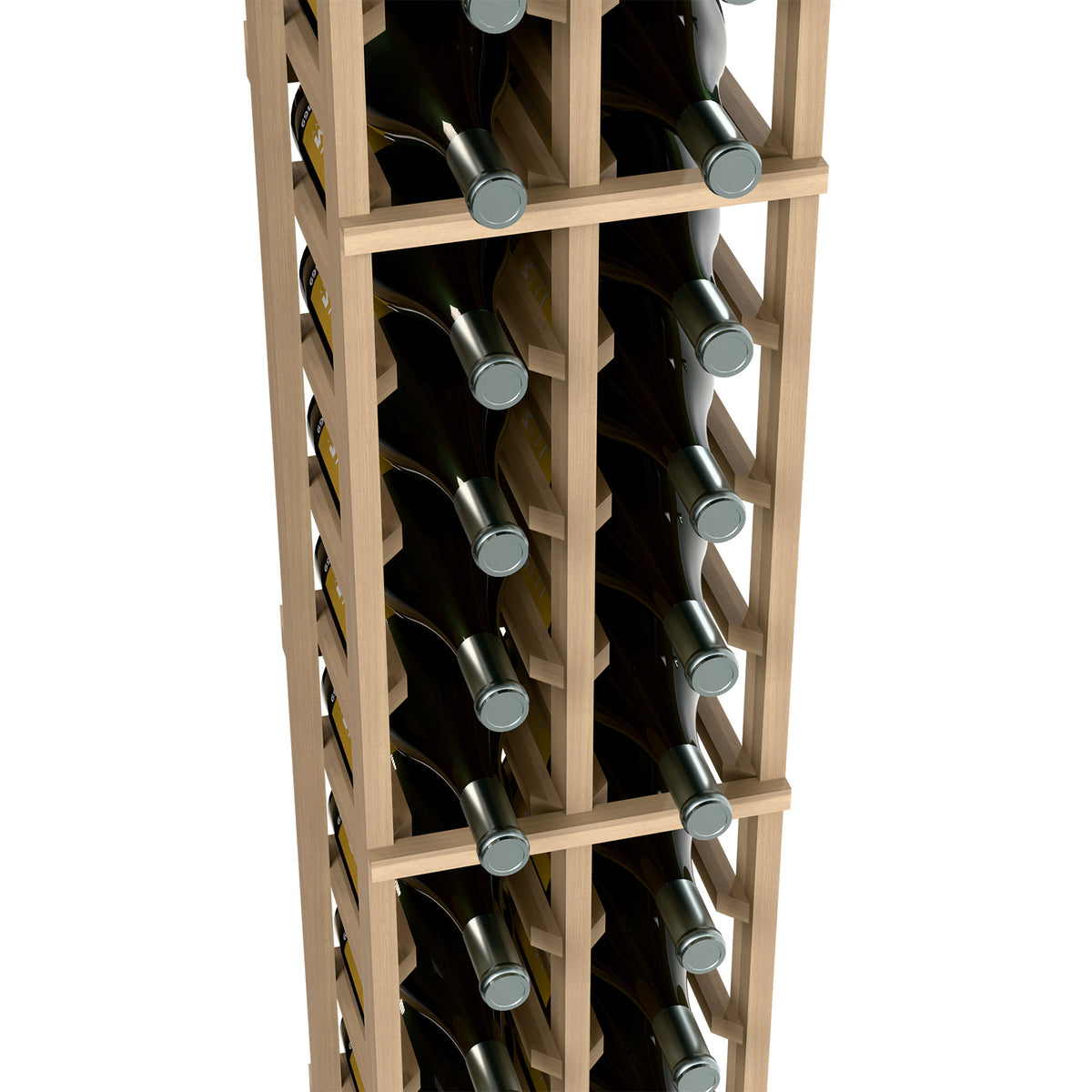2-column wine bottle rack close-up, light wood frame with bottle necks in slots