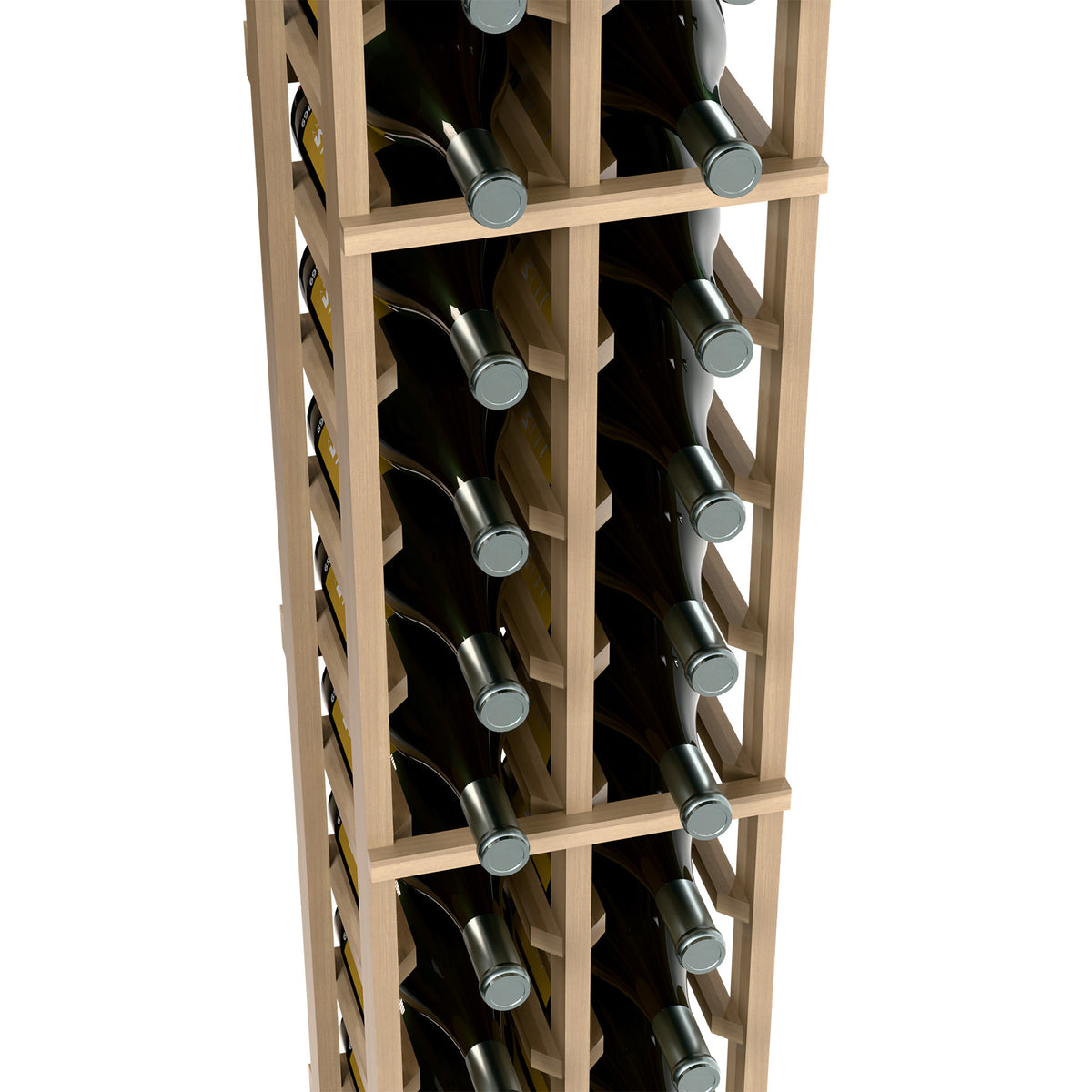 2-column wine bottle rack close-up, dark wood frame with bottles in rows