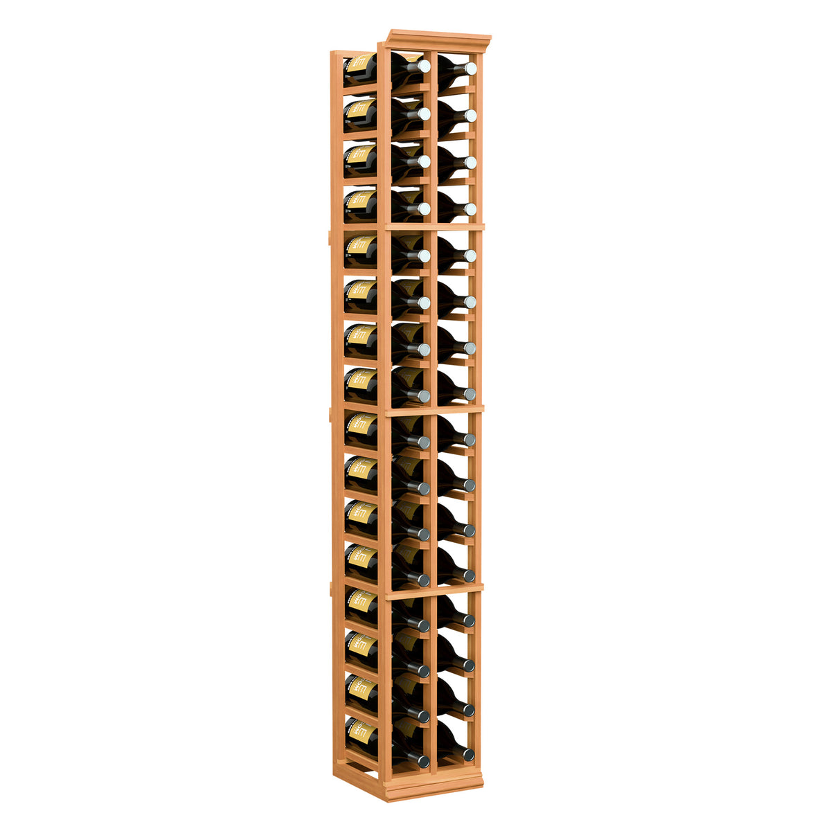 2-column wine bottle rack with light wood frame, bottle-filled grid slots