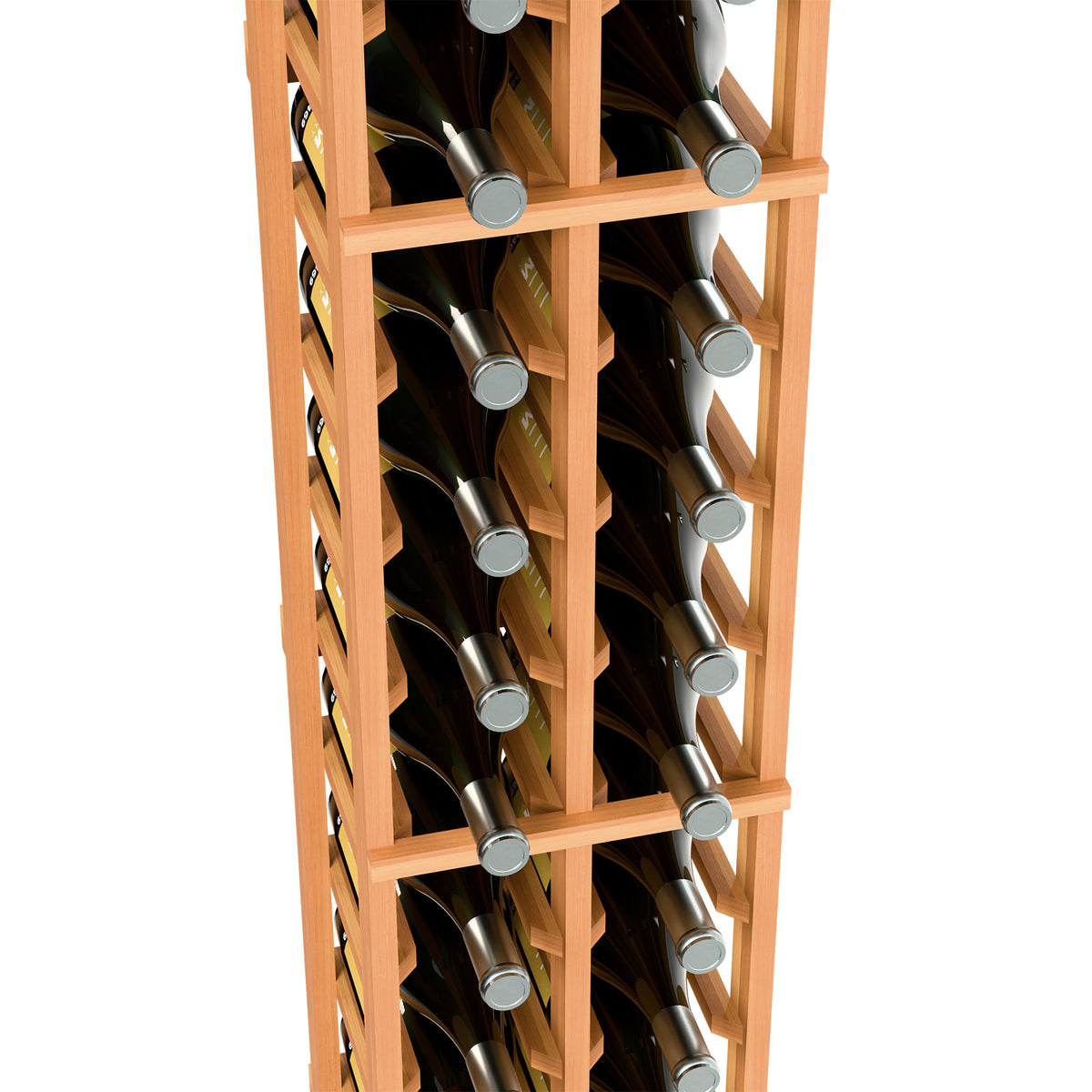 2-column wine bottle rack close-up, light wood frame with bottles in rows