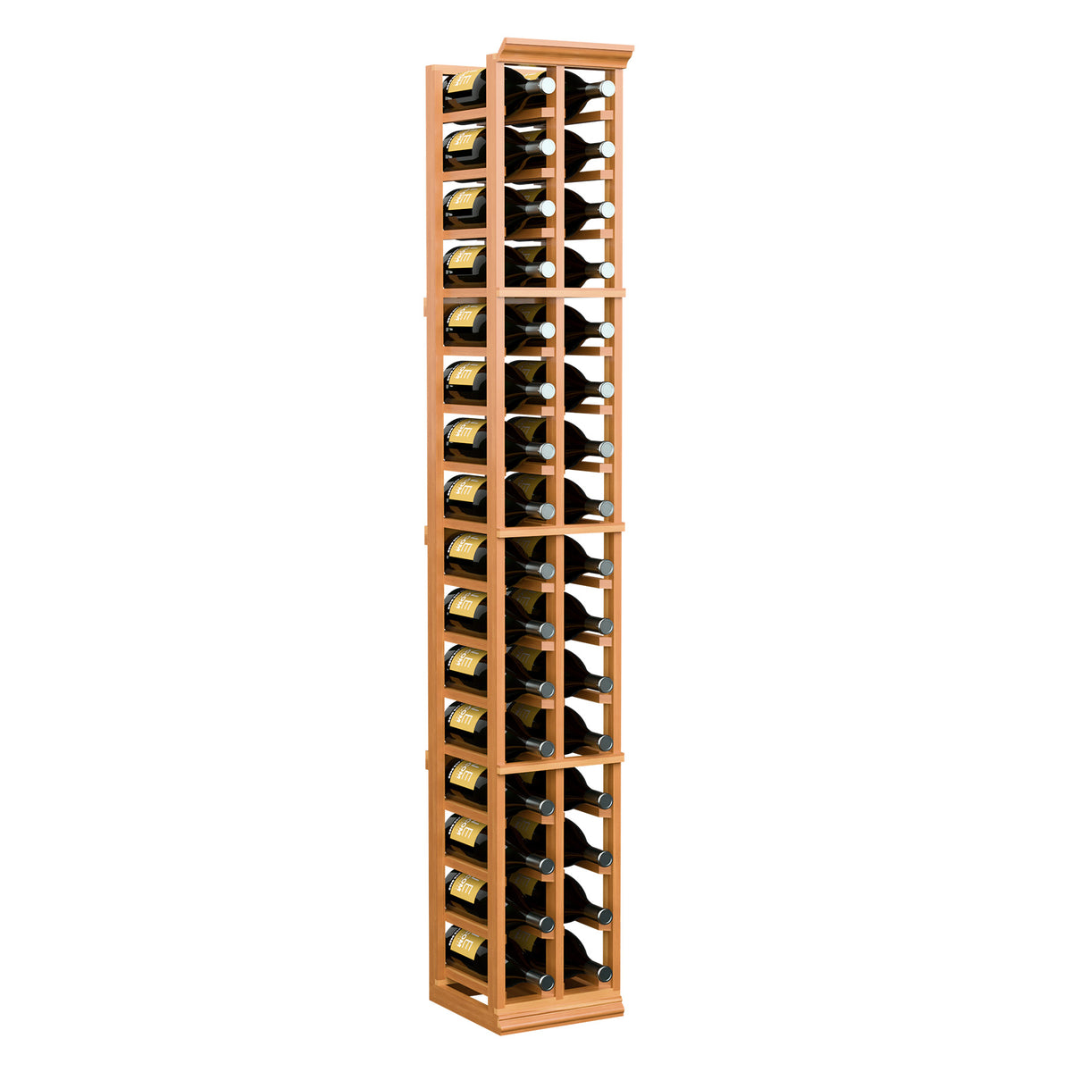 2-column wine bottle rack with medium wood frame and bottle-filled compartments