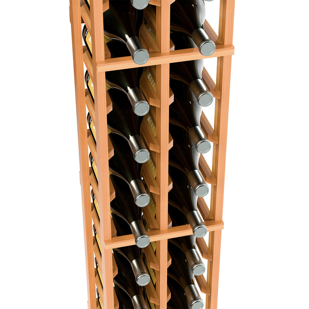 2-column wine bottle rack close-up, medium wood frame with bottles in slots