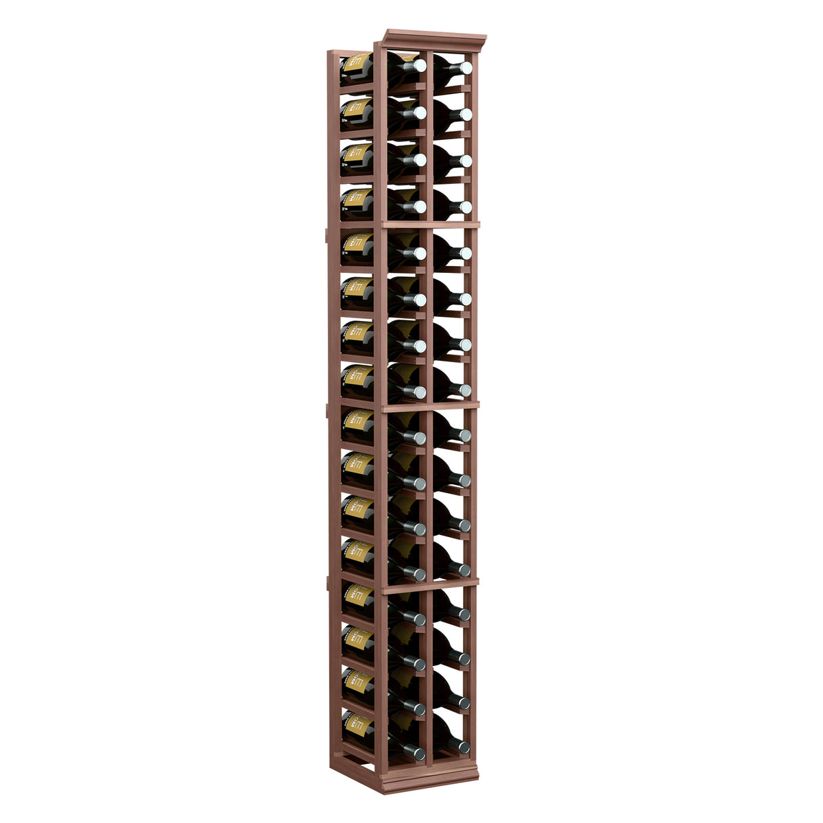 2-column wine bottle rack with dark wood frame and bottle-filled compartments