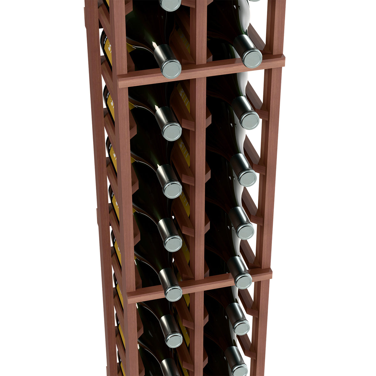 2-column wine bottle rack close-up, dark wood frame with bottles in rows