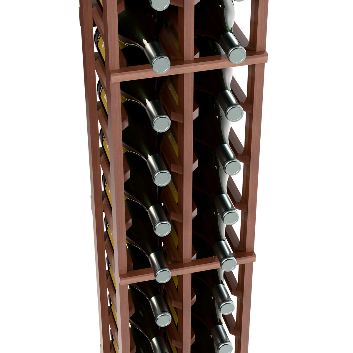 Dark wood wine rack close-up with angled bottle rows and gray bottle caps