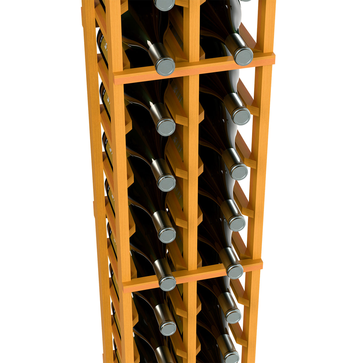 Light wood wine rack close-up with angled bottles in square compartments