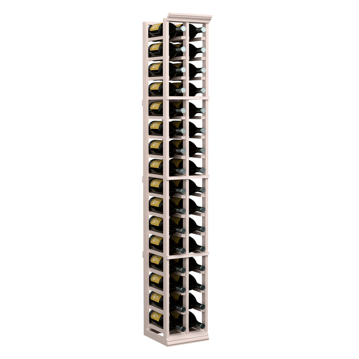 Gray wood 6 ft two-column wine bottle rack with bottle slots and gray caps