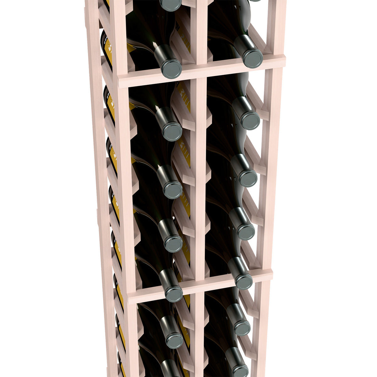 Gray wood wine rack close-up with angled bottle rows and gray metal caps