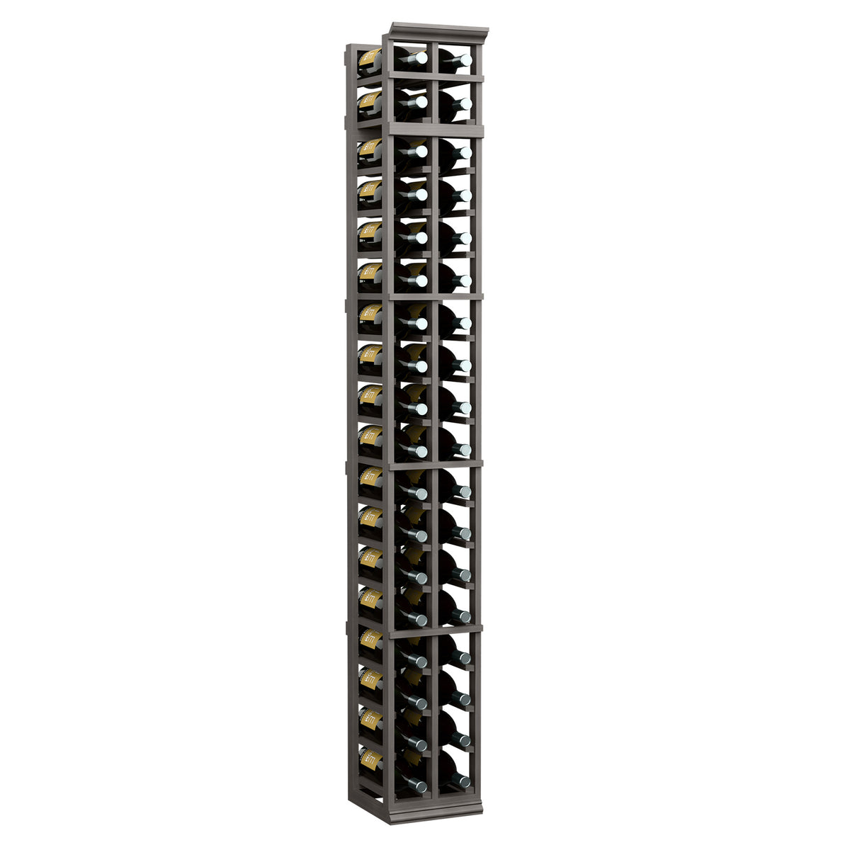 Two-column 7ft wine bottle rack with dark frame and grid bottle slots