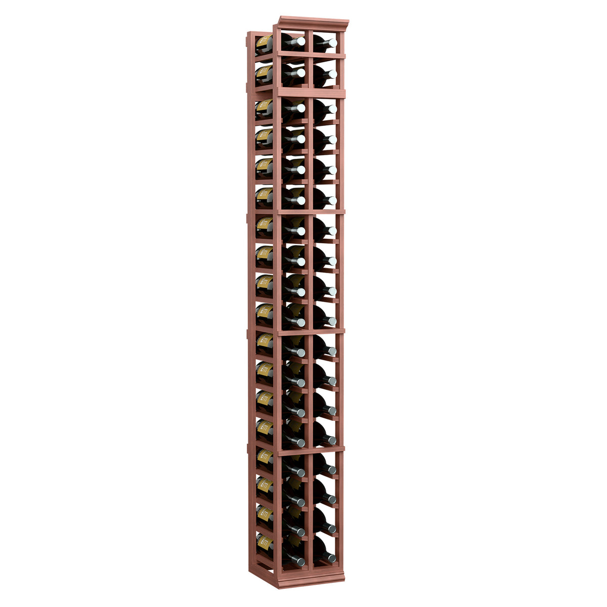 Two-column 7ft wine bottle rack with reddish wood frame and open grid shelves