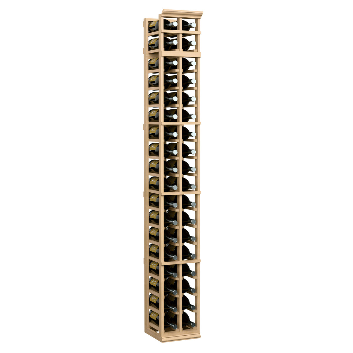 Two-column 7ft wine bottle rack with light wood frame and two vertical bottle rows