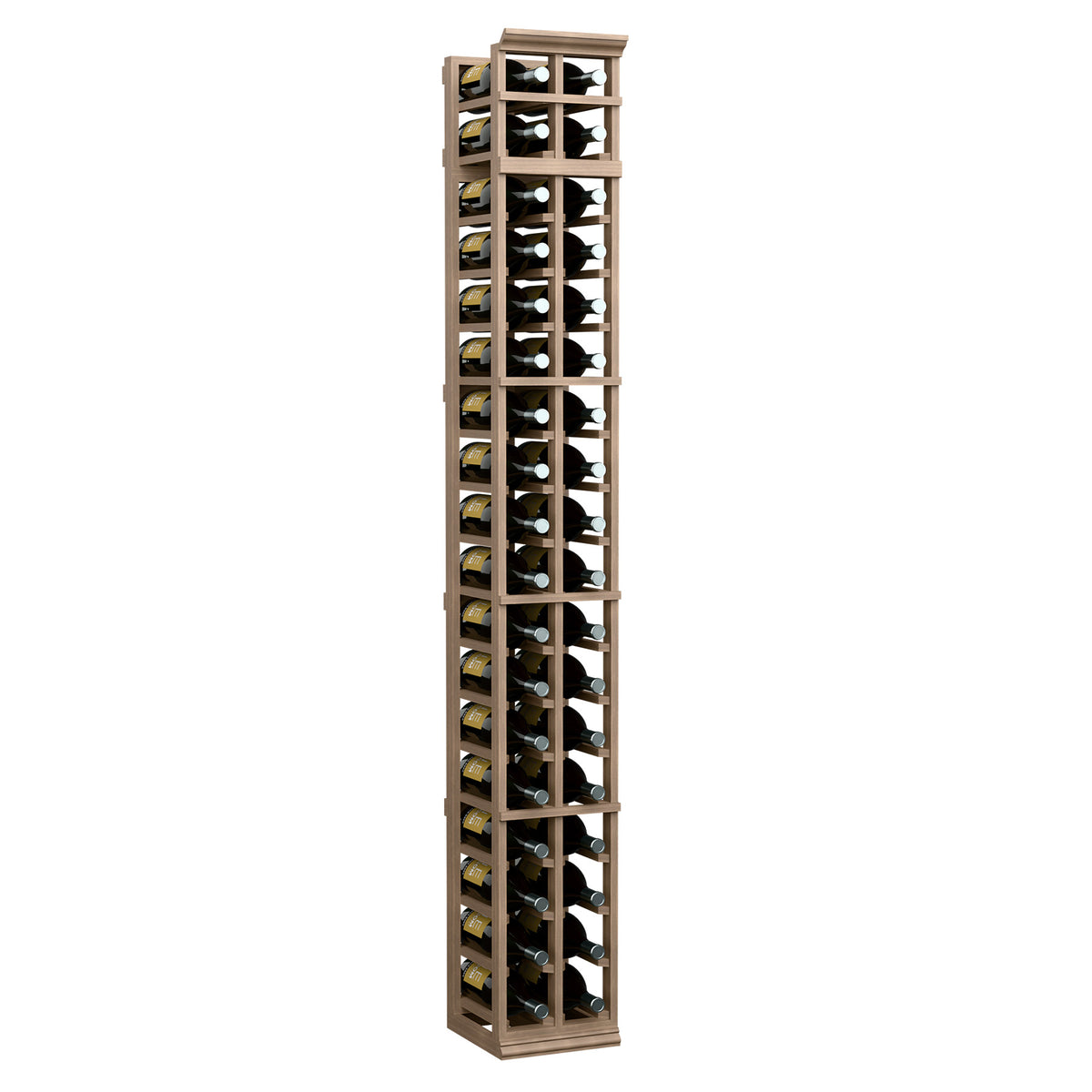 Two-column 7ft wine bottle rack with medium wood frame and stacked bottle holders