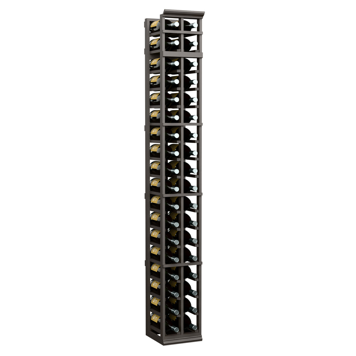 Two-column 7ft wine bottle rack with dark gray/black frame and bottle grid