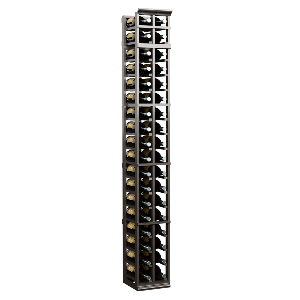 Two-column 7ft wine bottle rack, dark frame with two-sided bottle compartments