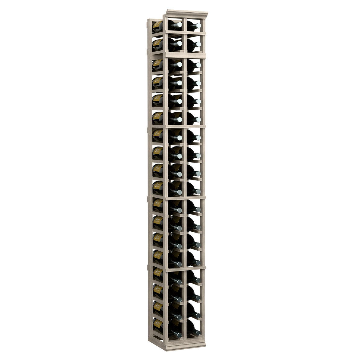 2-column wine bottle rack with glass bottle display, whitewashed wood frame