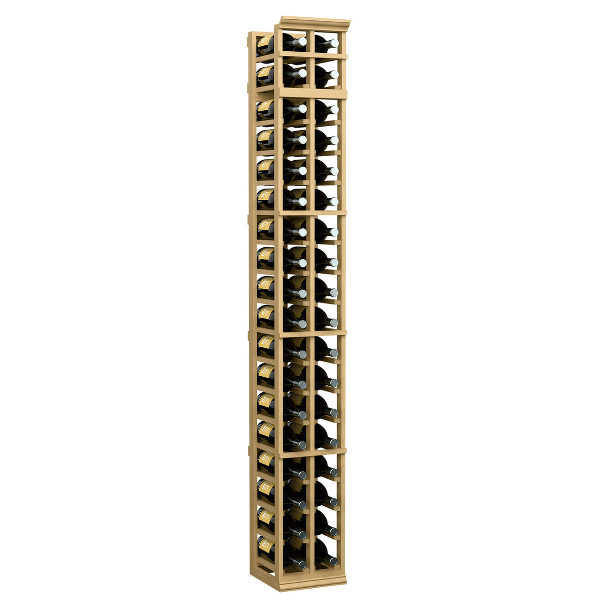 2-column wine bottle rack with glass bottle display, natural wood frame