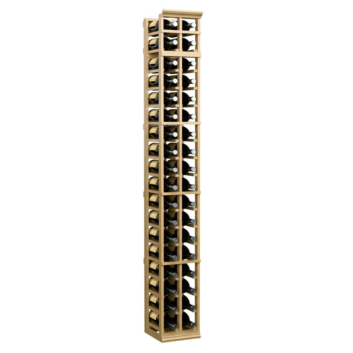 2-column wine bottle rack with glass bottle display, natural wood frame