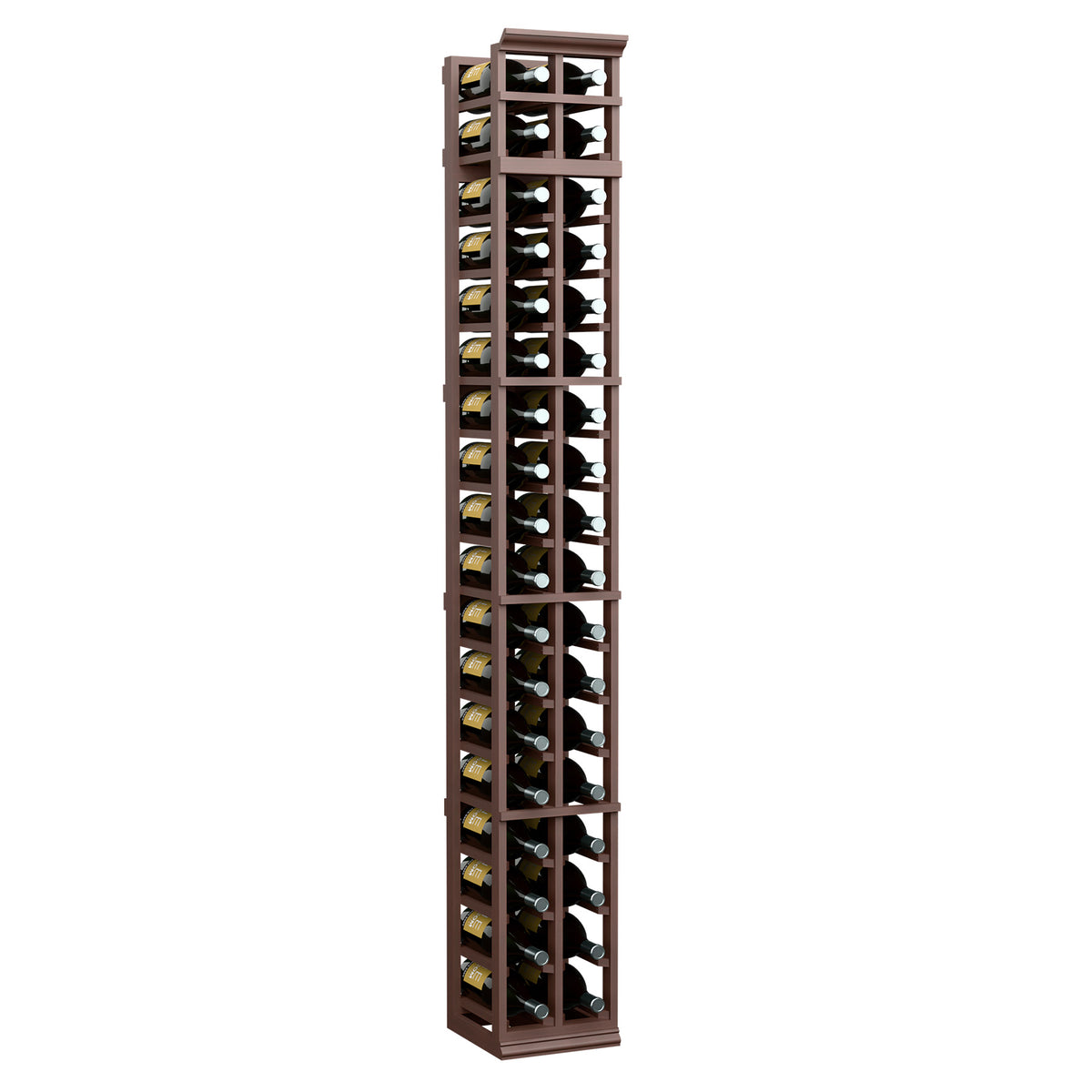 2-column wine bottle rack with glass bottle display, espresso wood frame