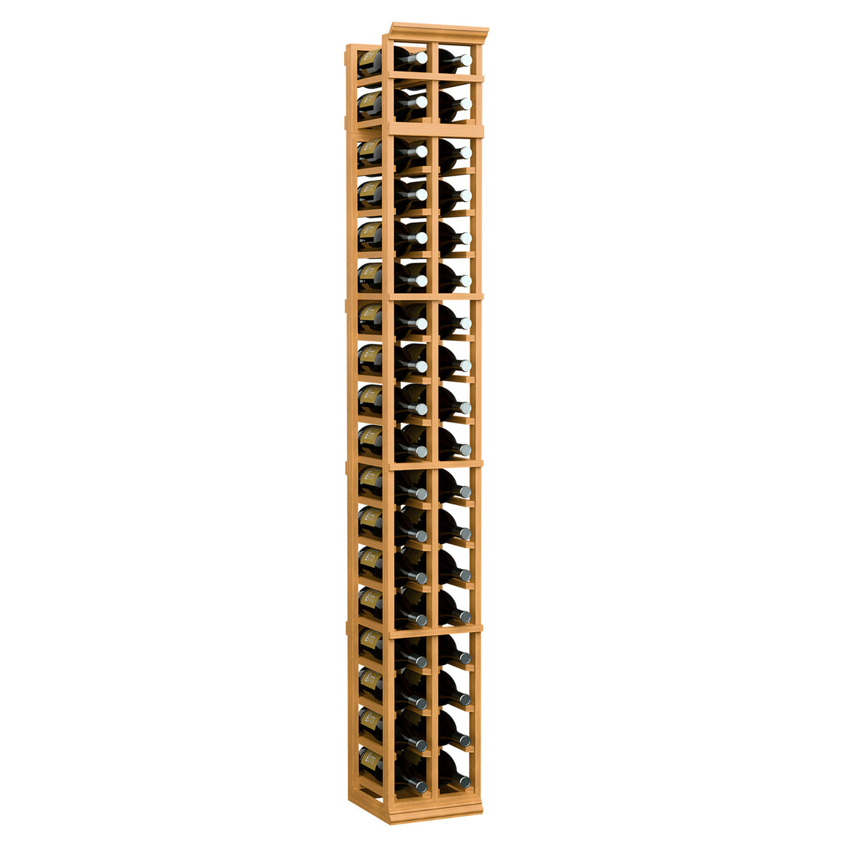 2-column wine bottle rack with glass bottle display, wheat-toned wood frame