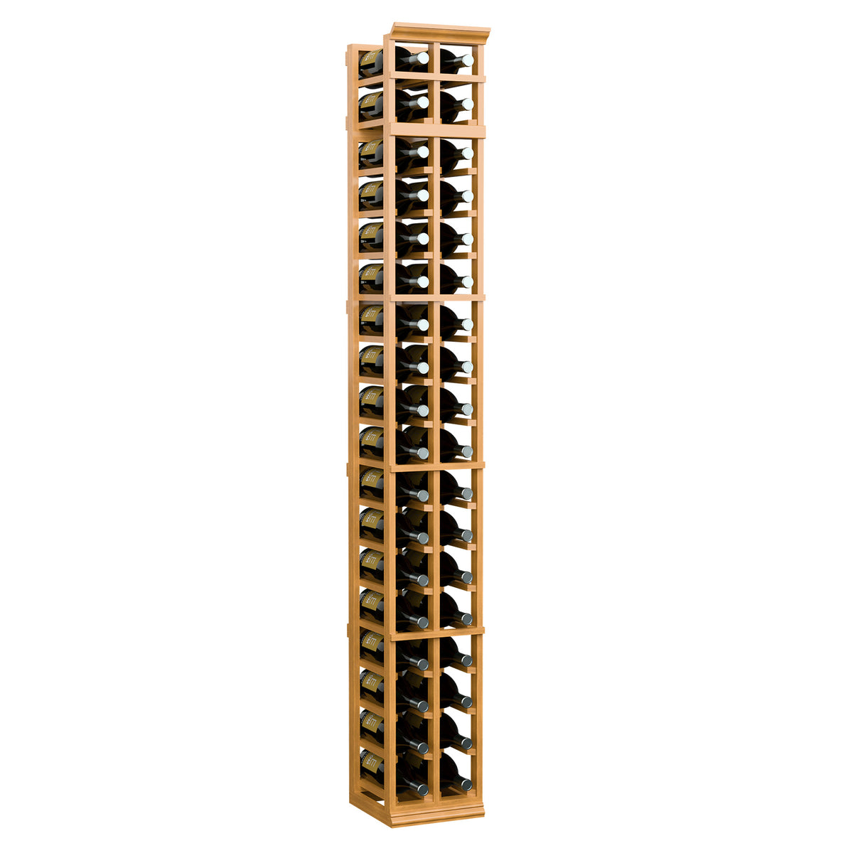 2-column wine bottle rack with glass bottle display, wheat-toned wood frame