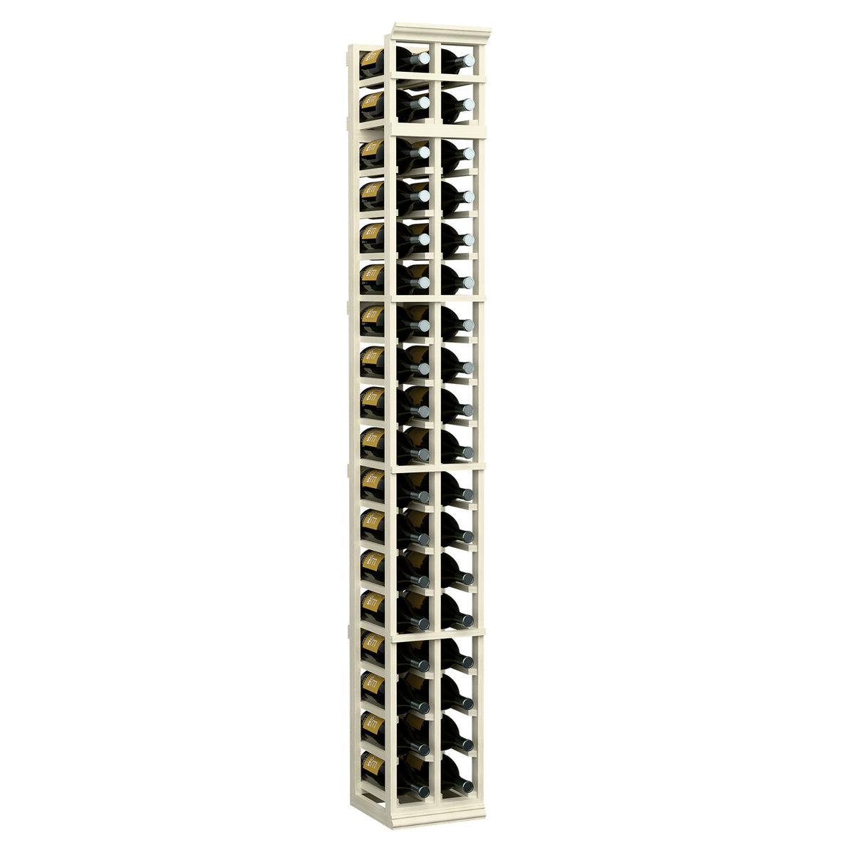 2-column wine bottle rack with glass bottle display, whitewashed wood frame