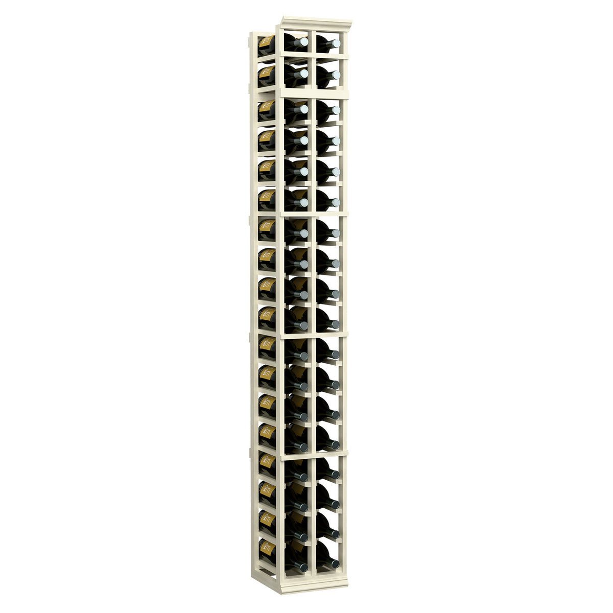 2-column wine bottle rack with glass bottle display, whitewashed wood frame