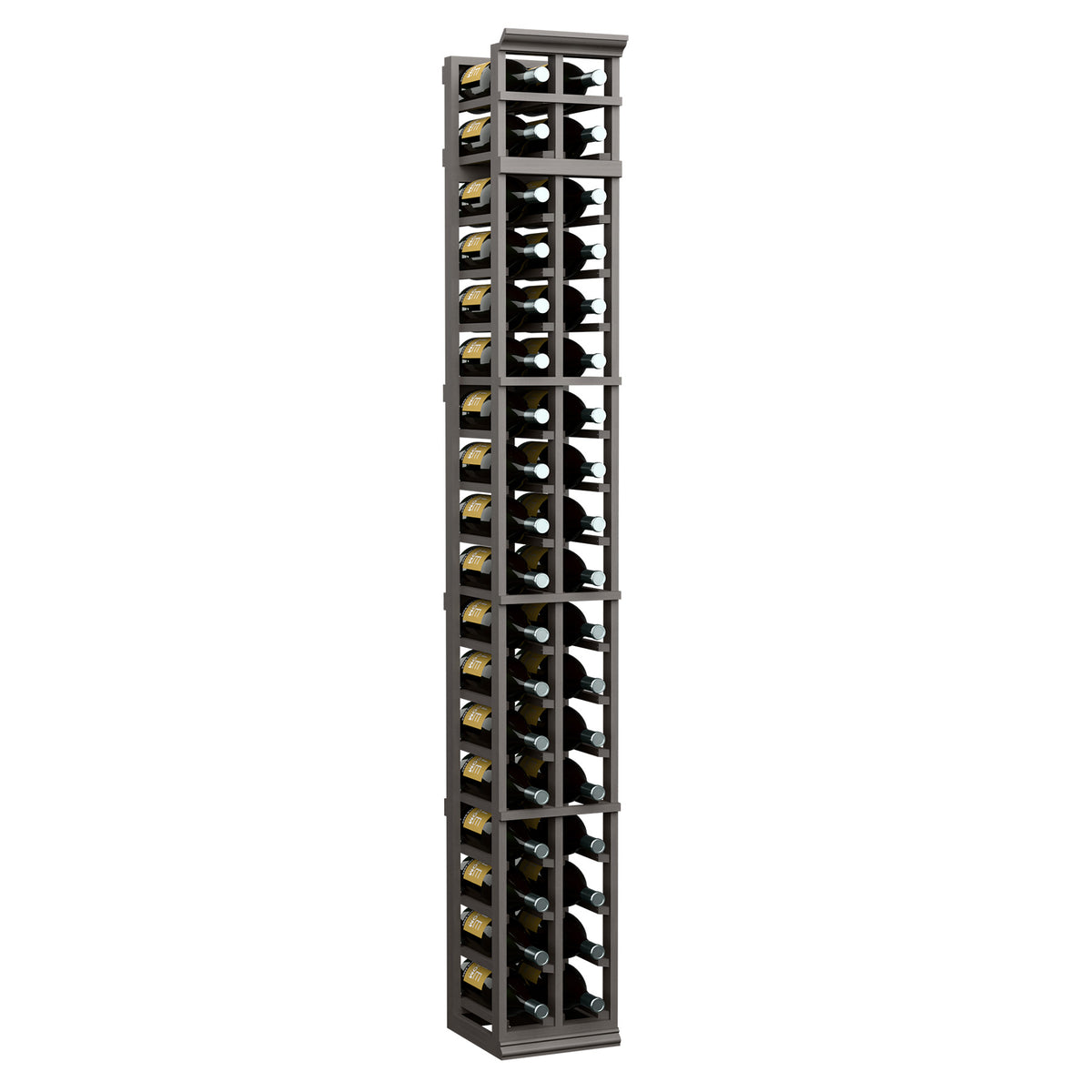 Two-column wine rack with black frame and glass bottle slots, holding wine bottles