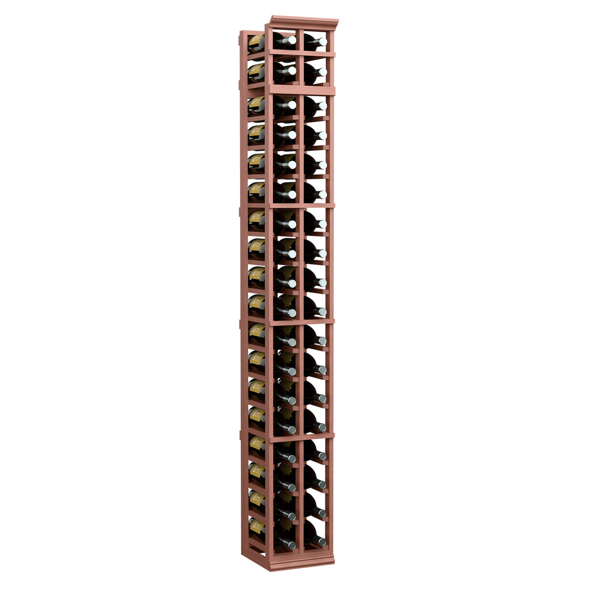 Two-column wine rack with reddish-brown wooden frame and glass bottle slots
