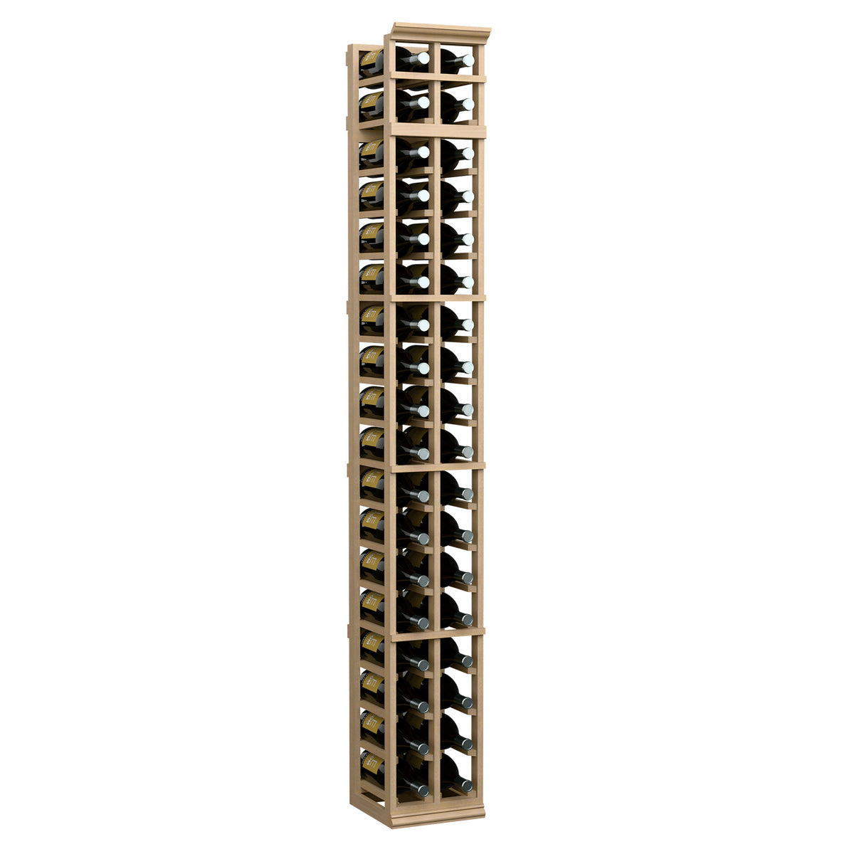 Two-column wine rack with light wood frame and glass bottle slots, filled with bottles