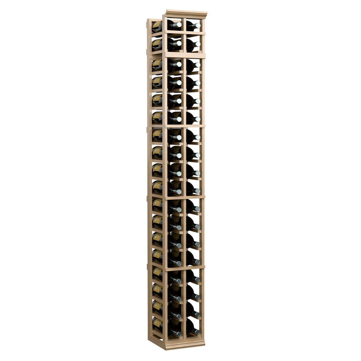 Two-column wine rack with light wood frame and glass-front bottle cubbies