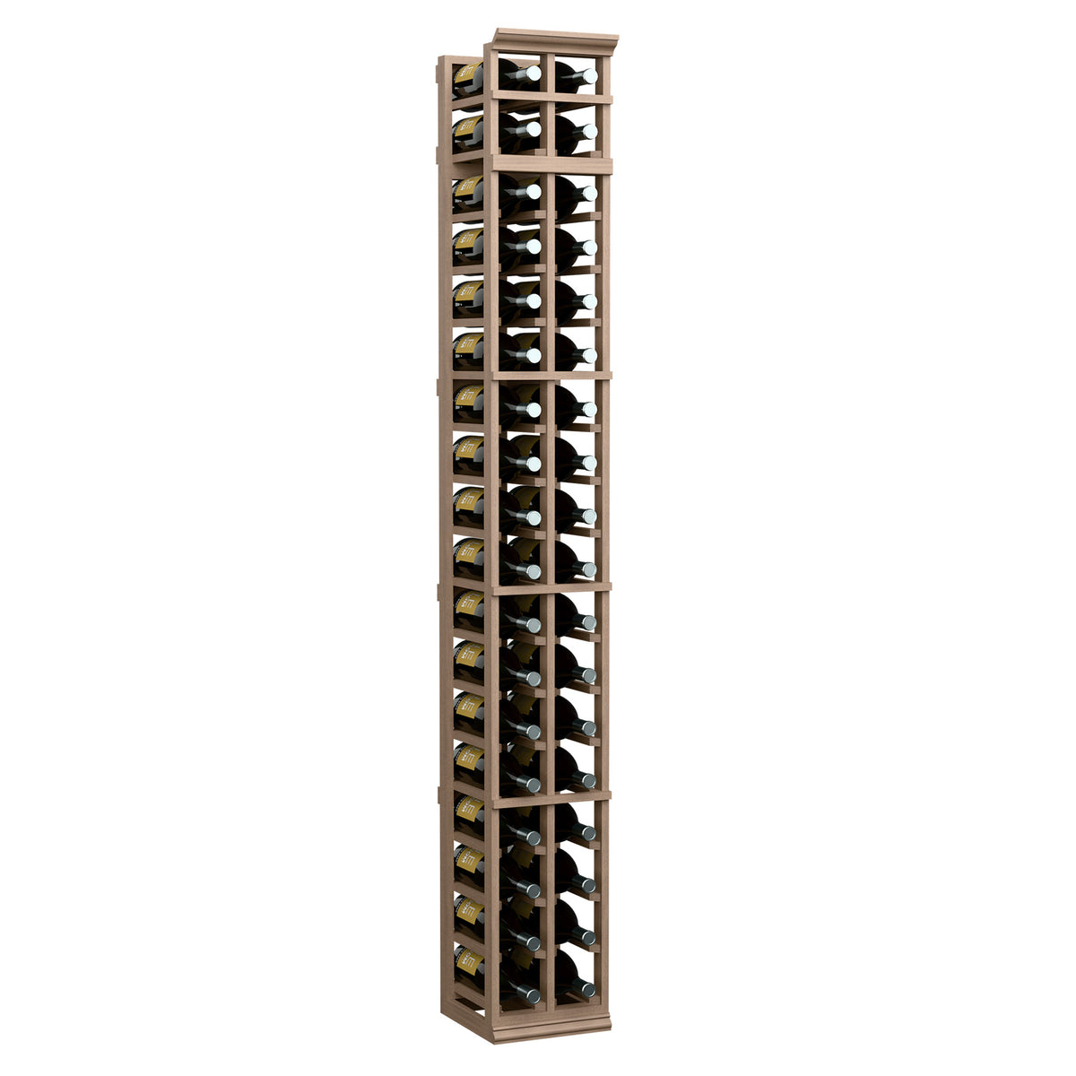 Two-column wine rack with medium brown wooden frame and glass bottle slots