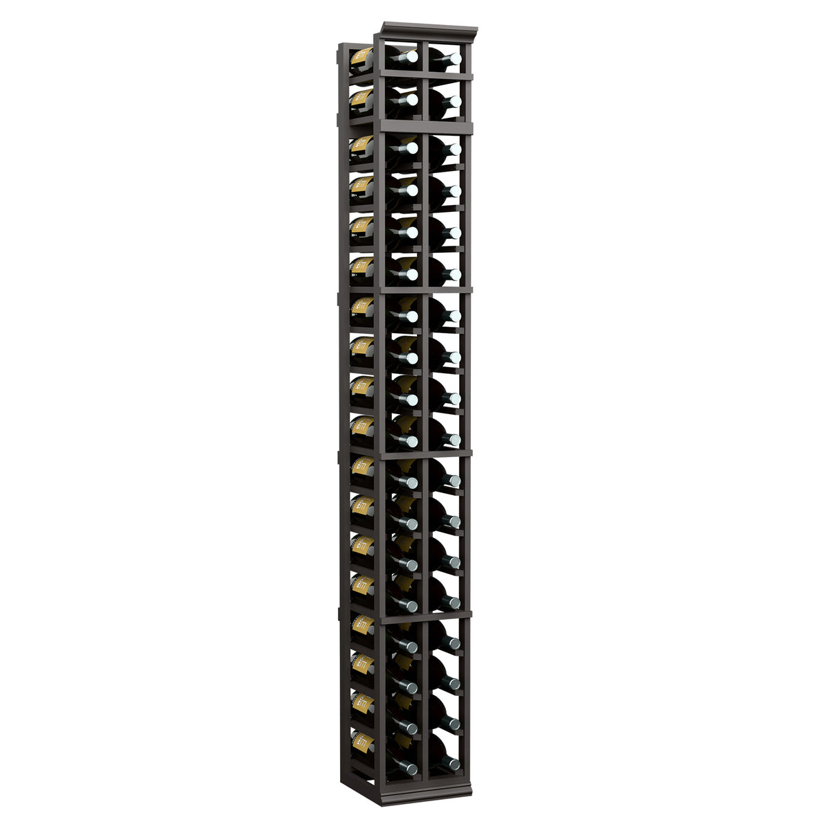Two-column wine rack with black frame and glass bottle slots, stocked with wine bottles