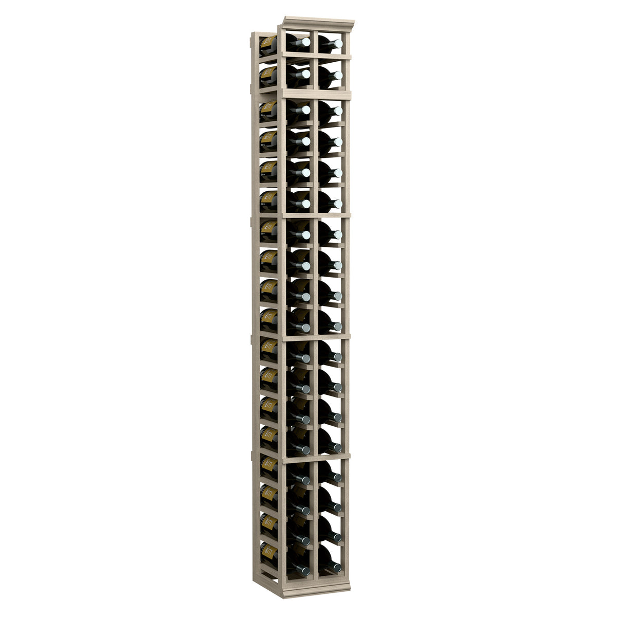Two-column wooden wine rack, 7ft tall, white-wash frame with bottle slots