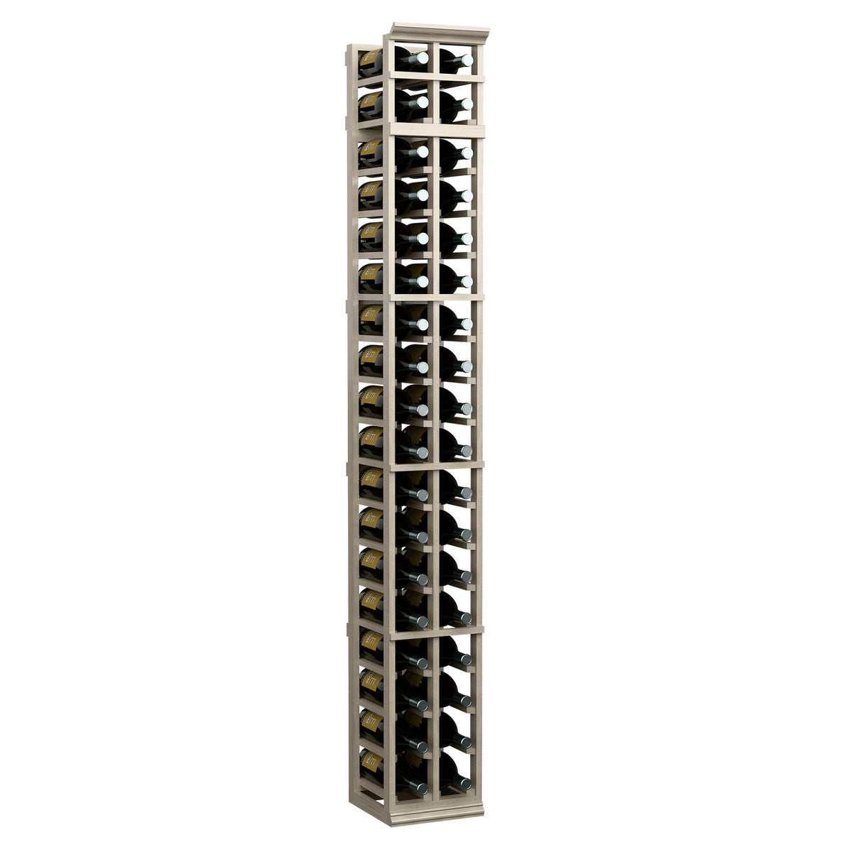 Two-column wooden wine rack, 7ft tall, light frame with bottle slots