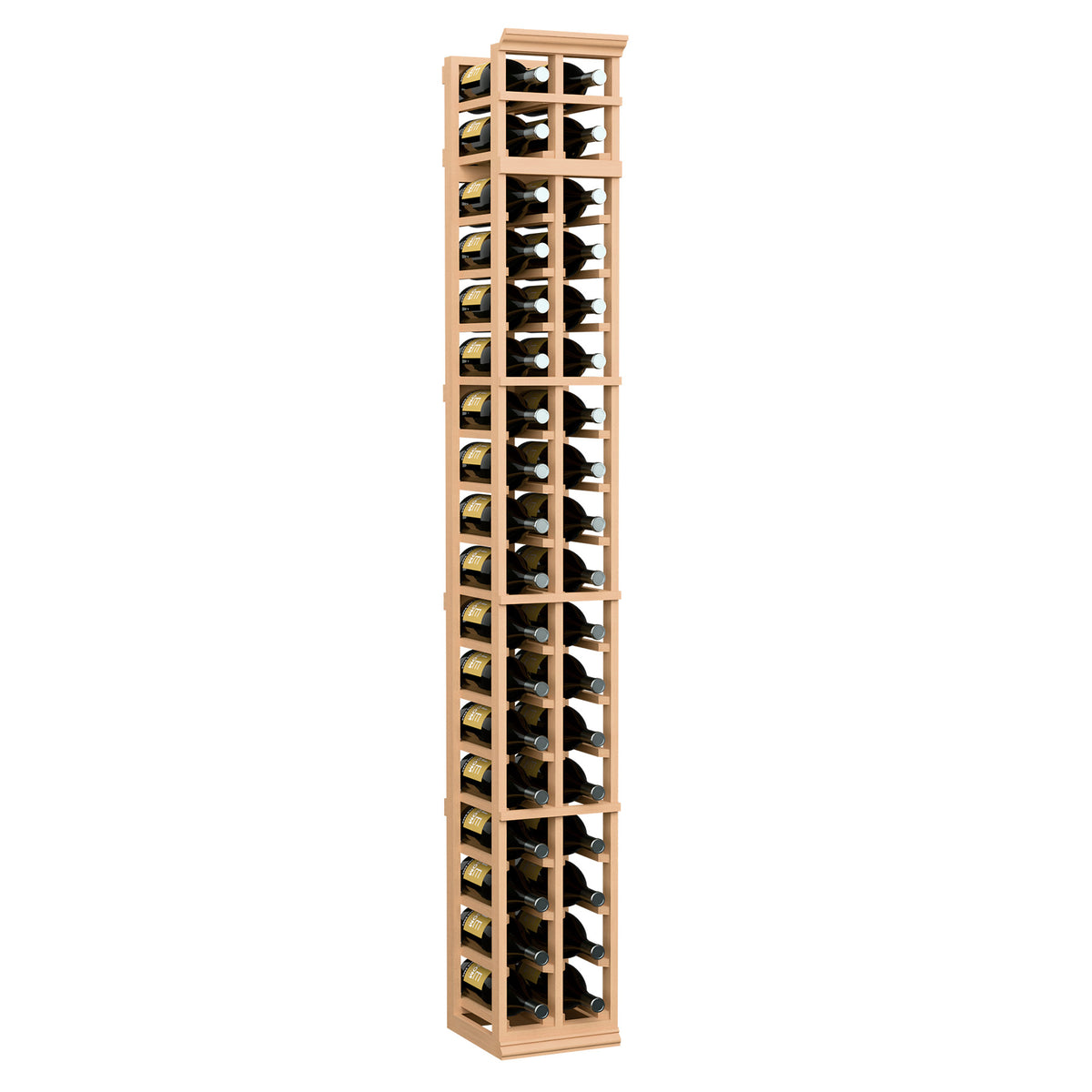 Two-column wooden wine rack, 7ft tall, natural honey frame with bottle slots
