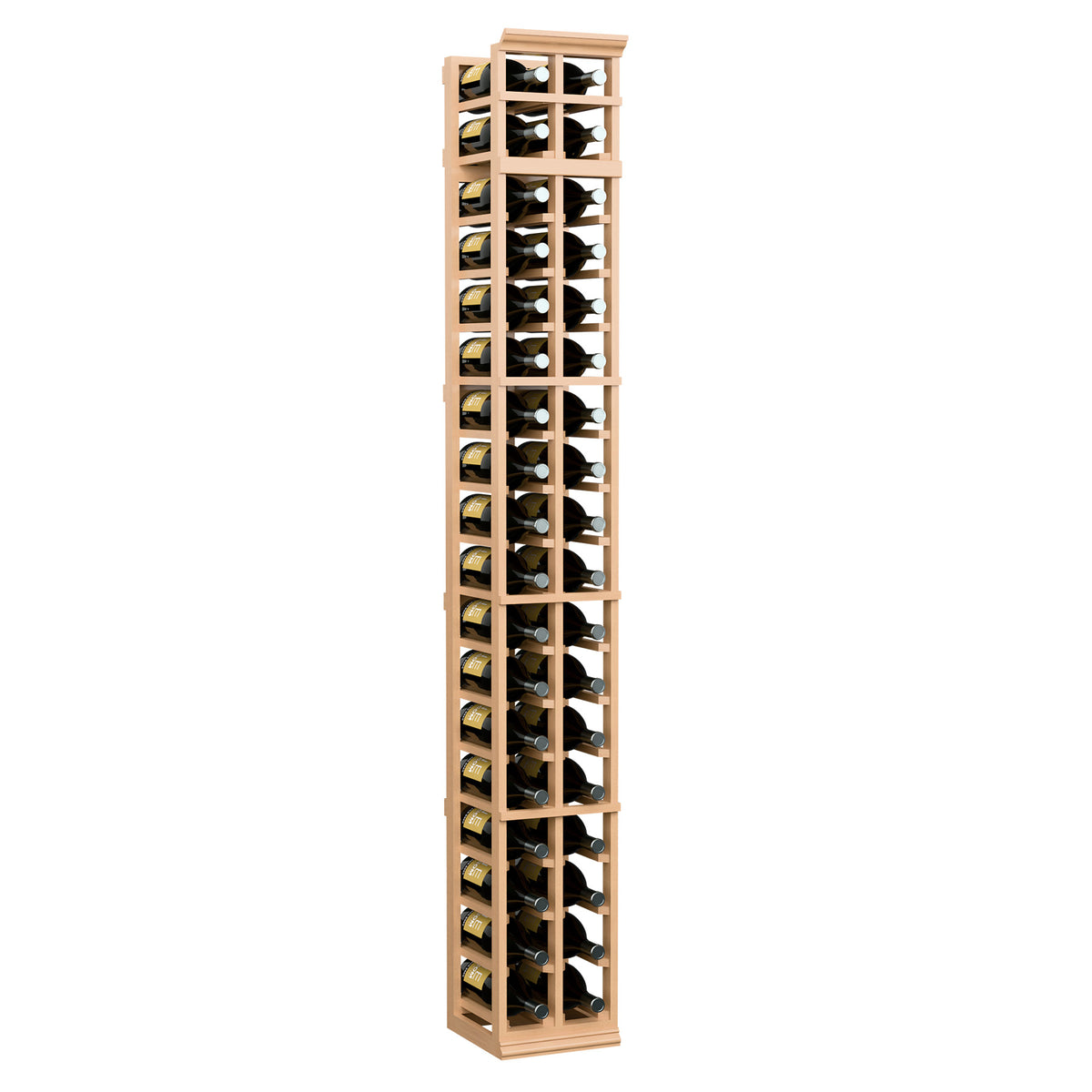 Two-column wooden wine rack, 7ft tall, light natural wood frame with bottle slots